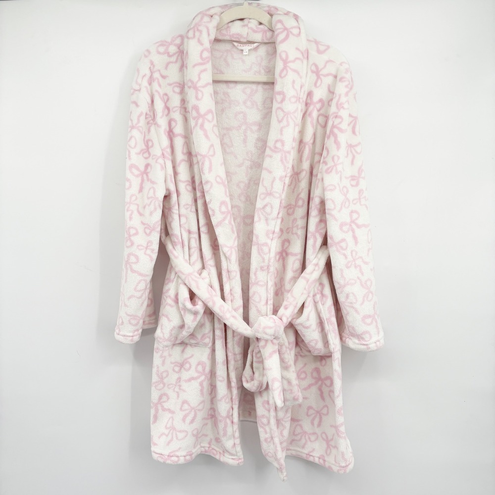 Rampage Womens Pink‎ Bow Print Coquette Plush Fleece Lounge Bath Robe Size S/M